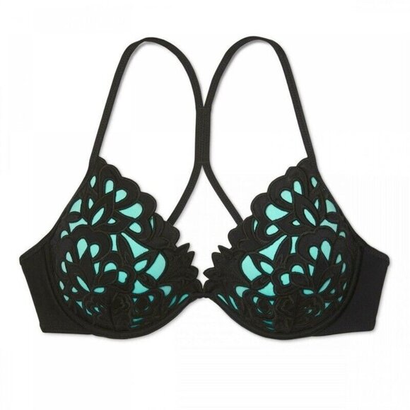 New Shade & Shore 38B Dahlia Lace Halter Black & Aqua Cut-Out Bikini Top 87844 - Picture 2 of 2